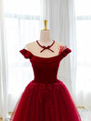 Burgundy Round Neck Tulle Lace Long Prom Dress, Burgundy Evening Dress