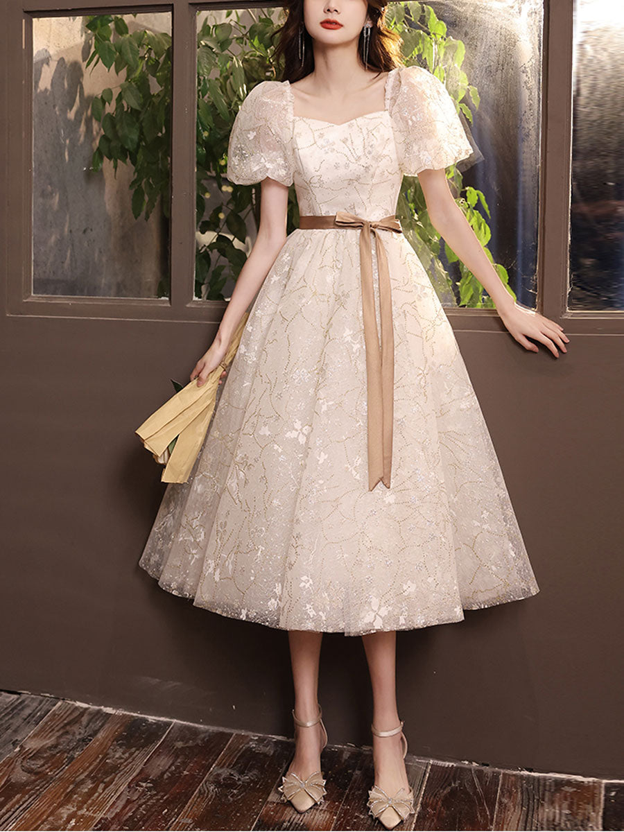 White A-line Lace Tulle Beige Short Prom Dress, Beige Homecoming Dress