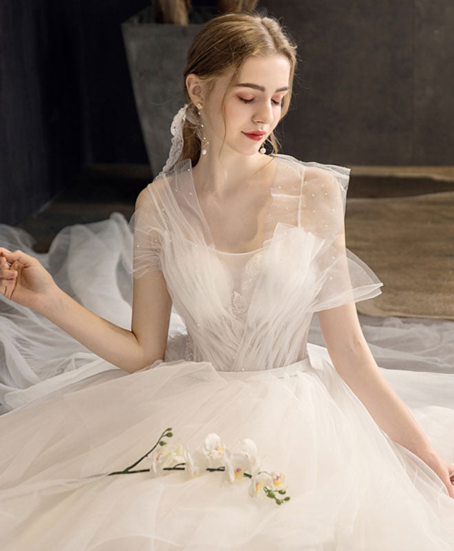 White Tulle Long Wedding Dress, White Tulle Long Bridal Dress