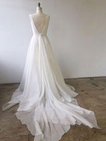 Simple White V Neck Tulle Long Prom Dress, White Evening Dress