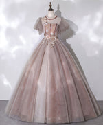 Pink Tulle Long Prom Dress, Pink Formal Sweet 16 Dress with Applique Beading