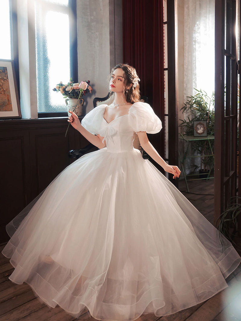 White A-Line Tulle Long Prom Dress, White Tulle Sweet 16 Dresses – shopluu