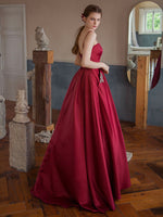 Simple Burgundy Satin Long Prom Dress, Burgundy Formal Graduation Dresses