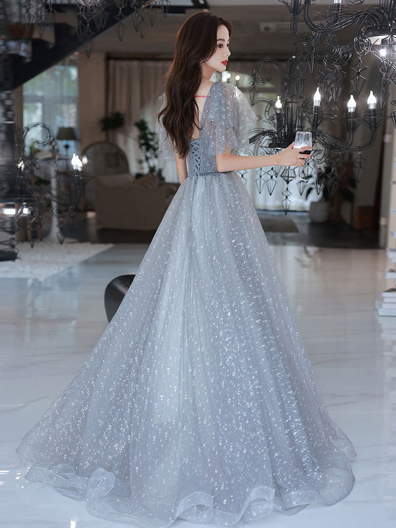 shopluu Elegant V Neck Gray Gold Tulle Lace Long Prom Dress Tulle Formal Dress Custom Size / Gray