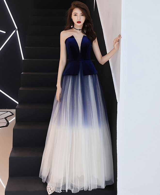 A-Line Tulle Dark Blue Long Prom Dress, Tulle Evening Dress