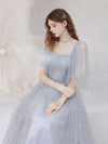 A-Line Square Neckline Tulle Gray Long Prom Dress