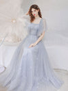 A-Line Square Neckline Tulle Gray Long Prom Dress, Gray Formal Dresses