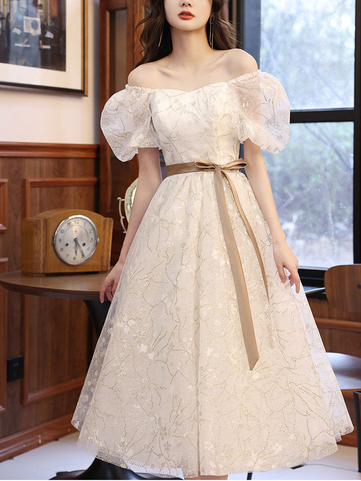 White A-line Lace Tulle Beige Short Prom Dress, Beige Homecoming Dress