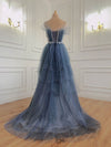 Gray Blue Tulle Beads Long Prom Dress, Blue Tulle Formal Dress