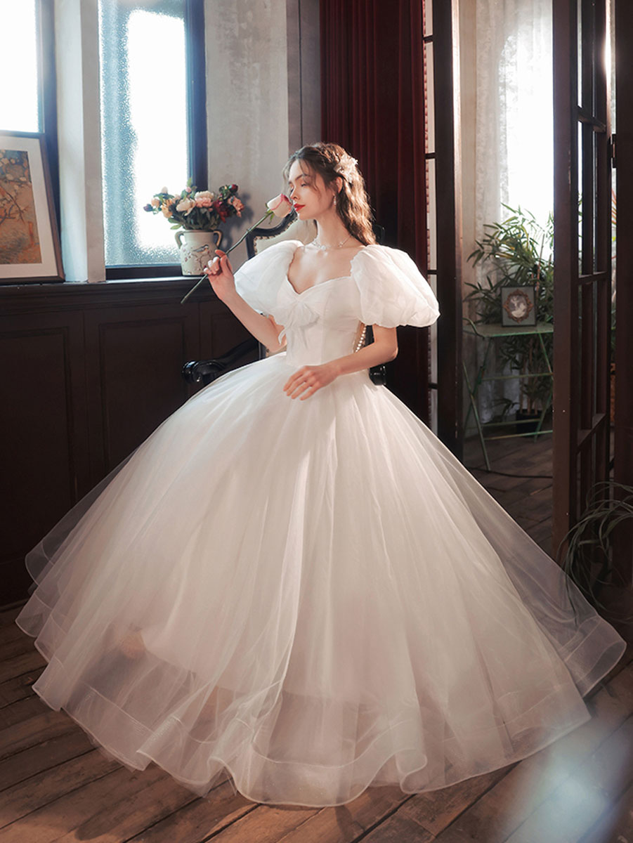 White Tulle Puffy Sleeves Long Prom Dress, White Tulle Sweet 16 Dresse – shopluu