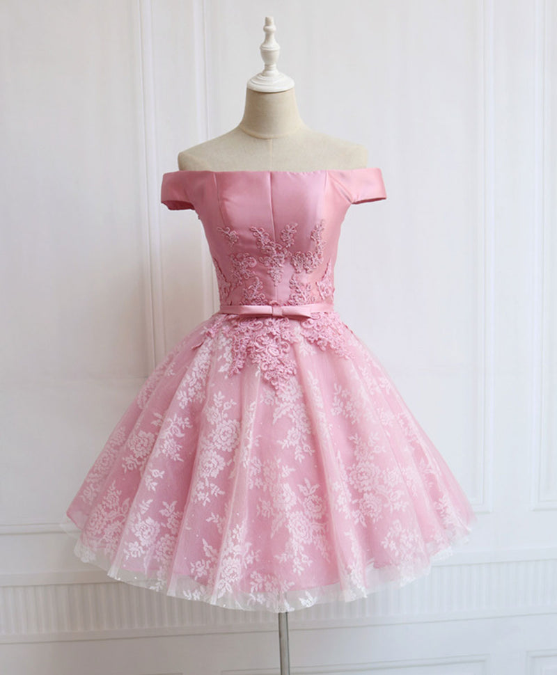 Tulle Of Shoulder Lace Short Pink Prom Dress Lace Homecoming Dress