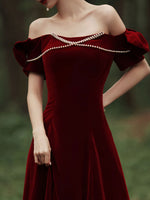 Velvet A Line Burgundy Long Prom Dress, Burgundy Formal Evening Dresses