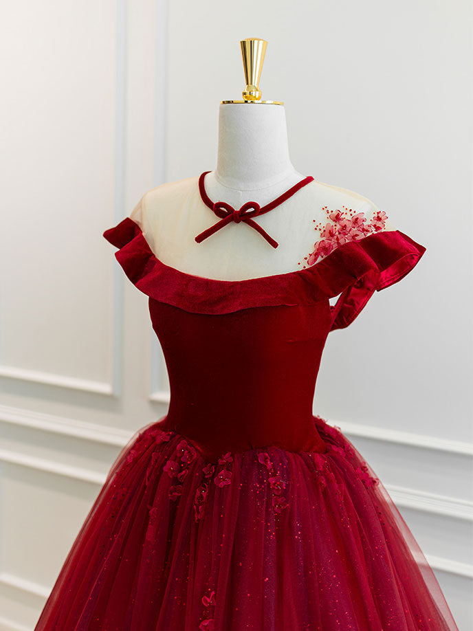 Burgundy Round Neck Tulle Lace Long Prom Dress, Burgundy Evening Dress