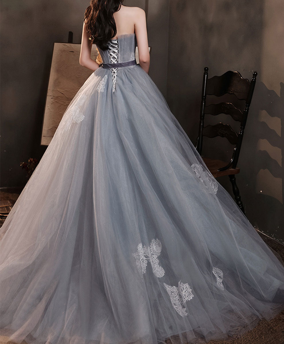 Gray Tulle Lace Long Prom Dress Gray Tulle Formal Dress