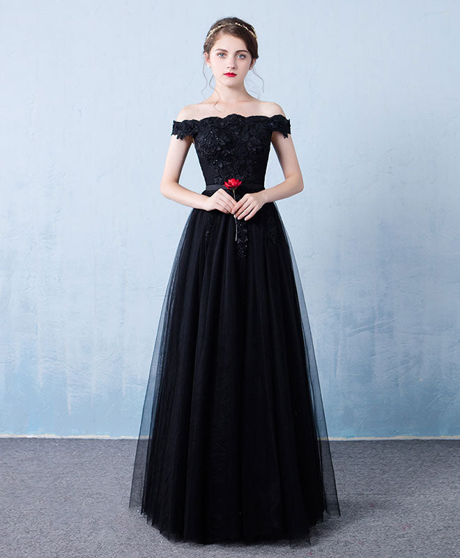 Blue Tulle Lace Off Shoulder Long Prom Dress, Bridesmaid Dress withe Beading