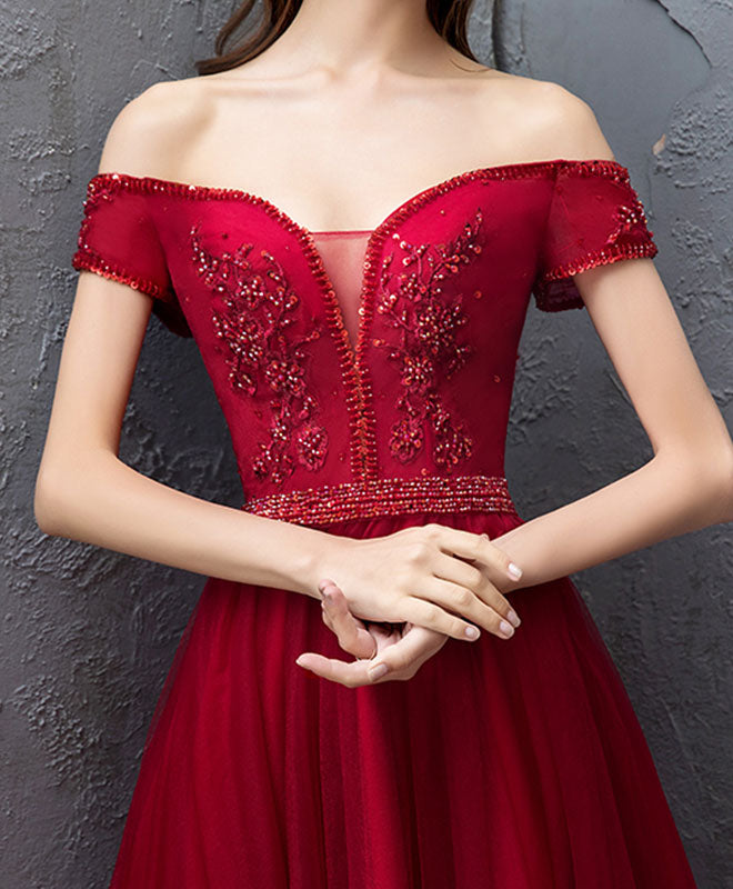 Burgundy Sweetheart Off Shoulder Long Prom Dress, Burgundy Evening Dress