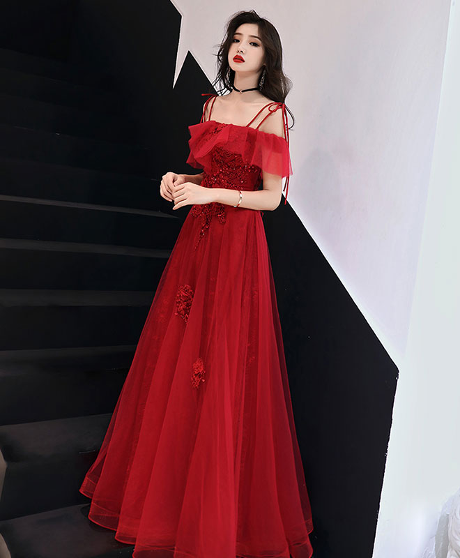 Burgundy Tulle Lace Long Prom Dress Burgundy Tulle Lace Evening Dress