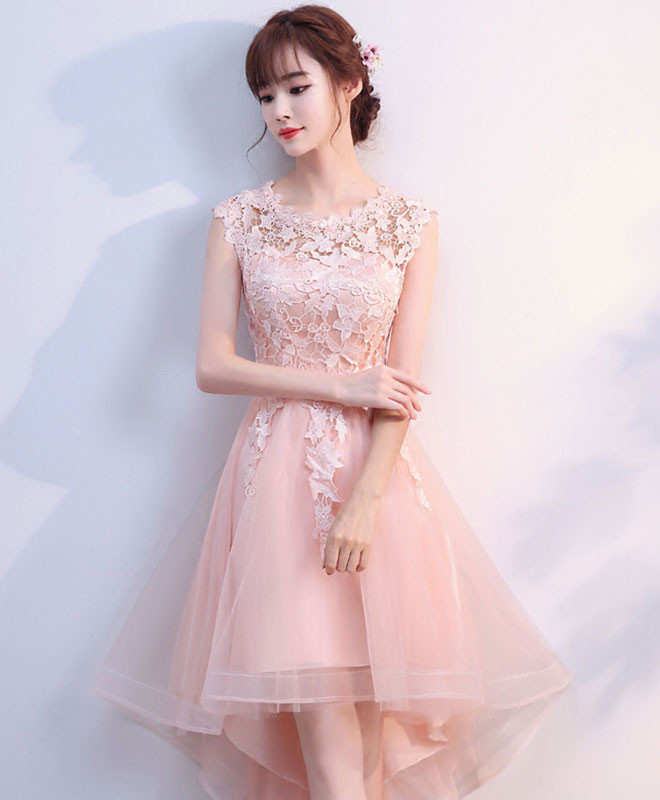 Pink Tulle Lace High Low Prom Dress, Pink Homecoming Dress