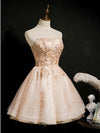 Champagne Tulle Lace Short Prom Dress, Puffy Champagne Homecoming Dress