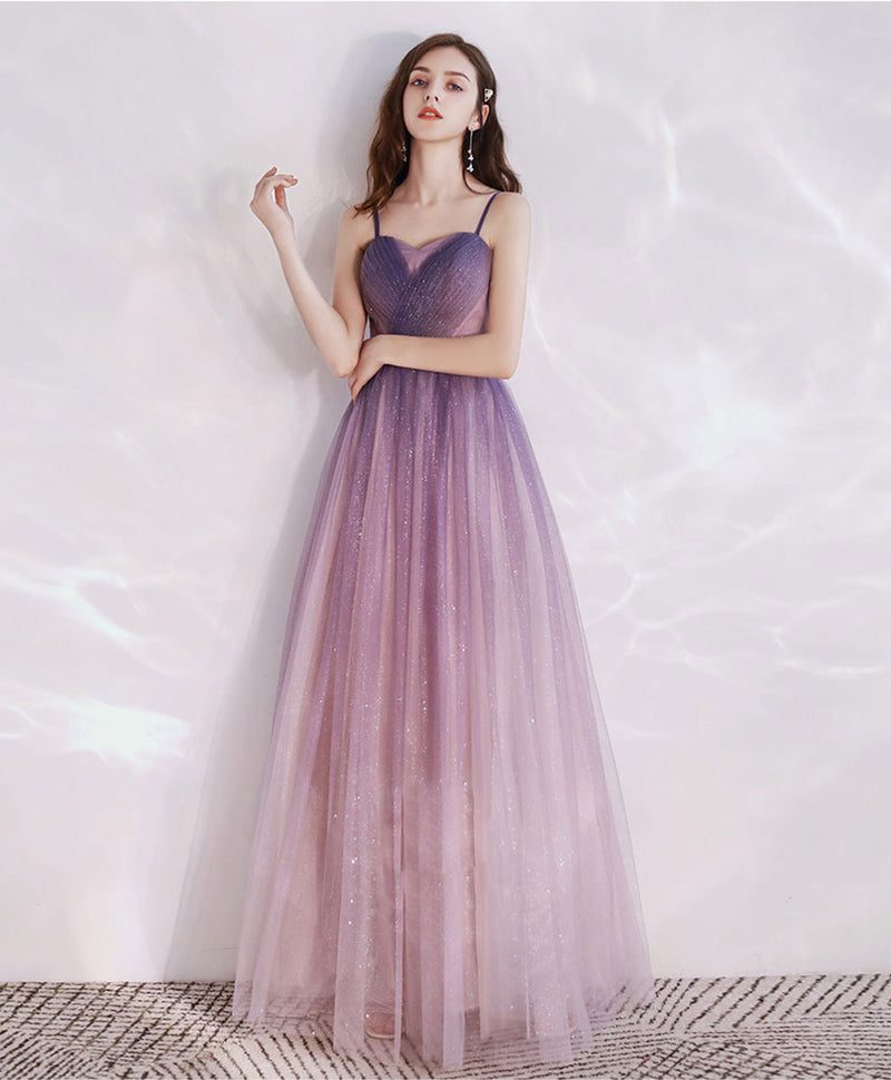Purple Aline Tulle Long Prom Dress, Tulle Long Purple Evening Dress
