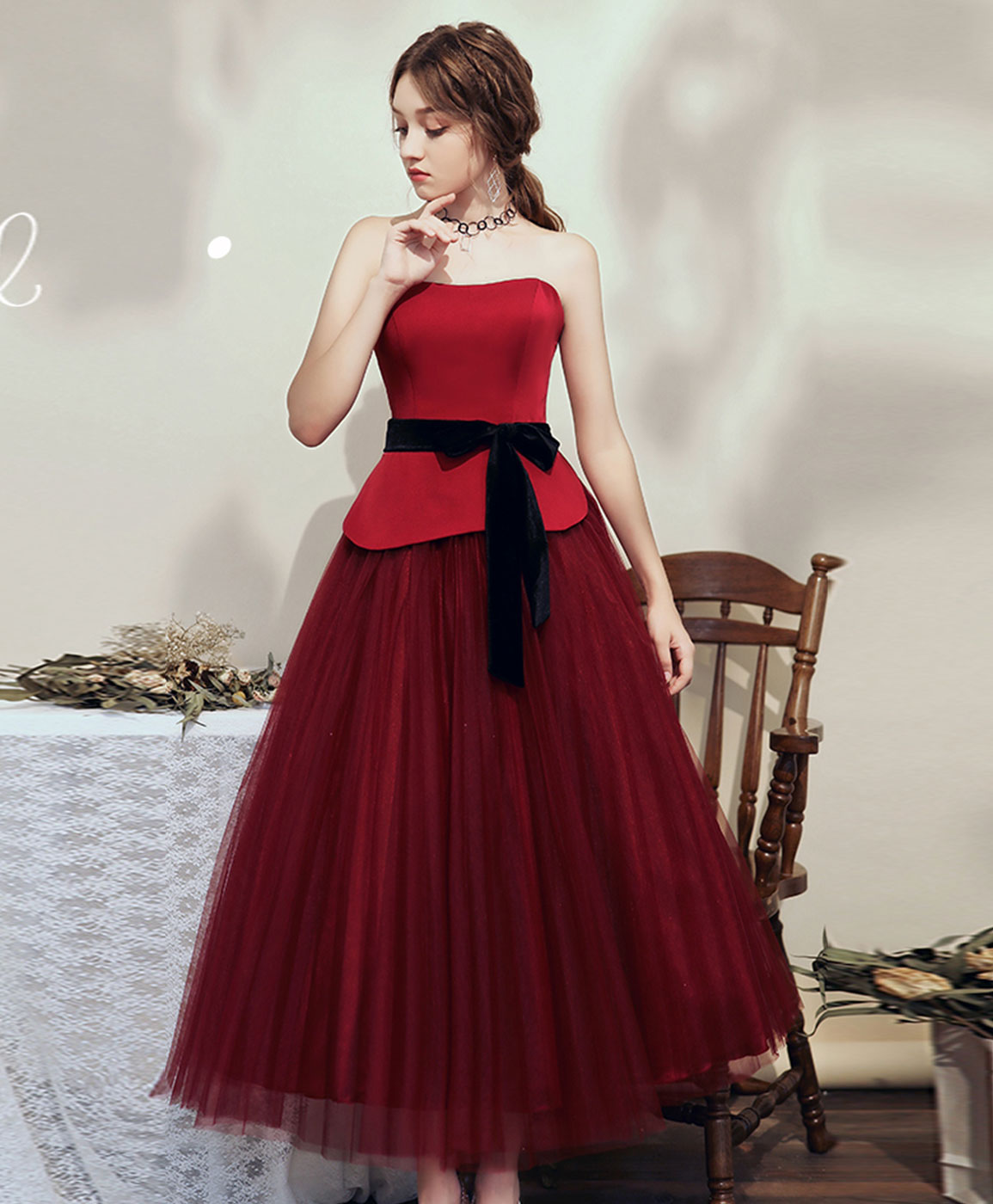 Simple Burgundy Tulle Tea Length Short Prom Dress Bridesmaid Dress