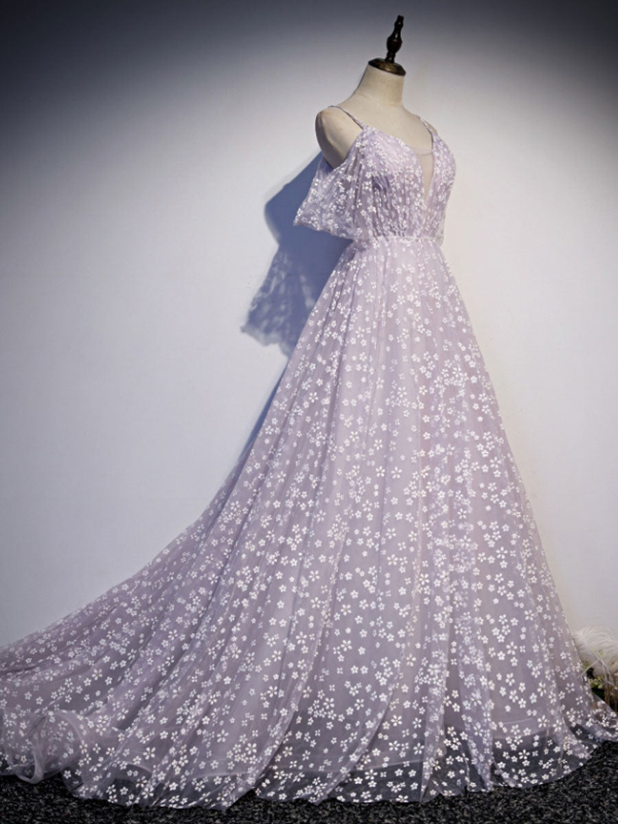 Purple tulle off shoulder long prom dress, purple evening dress