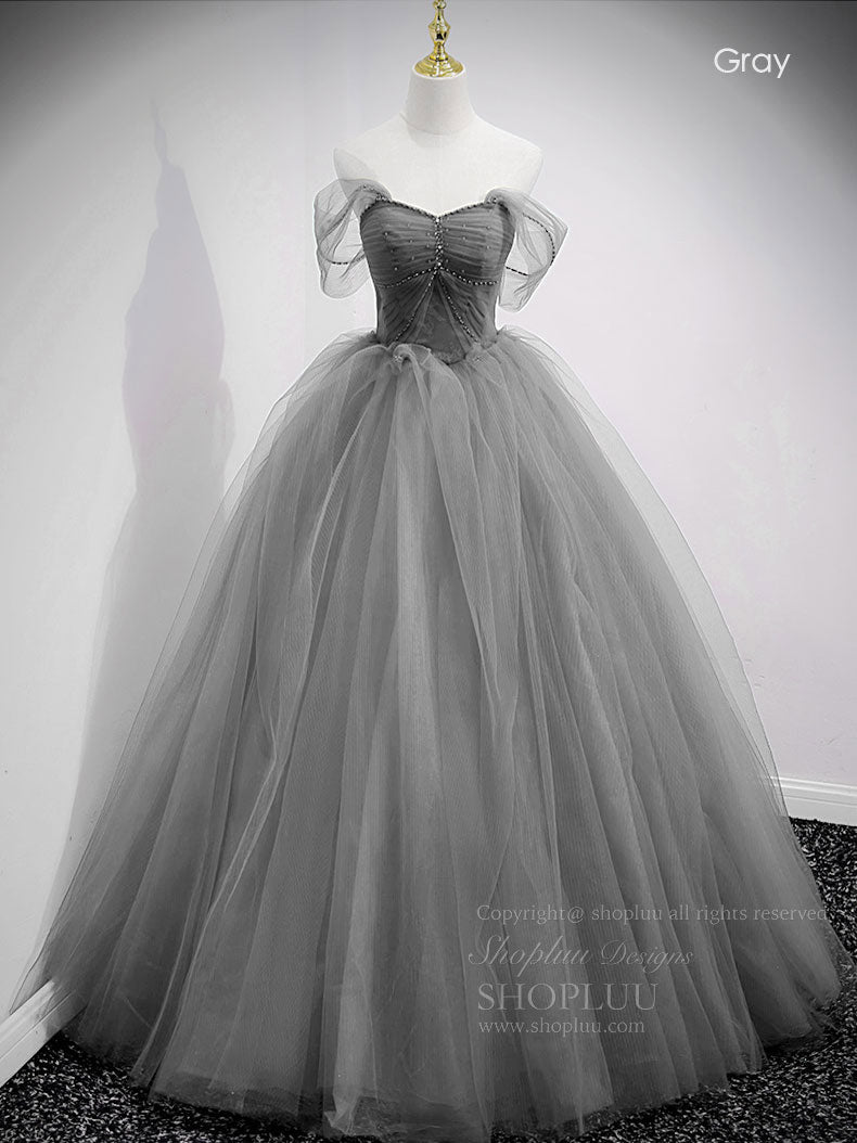 A-Line Sweetheart Off Shoulder Lace Long Prom Dress, Tulle Formal Dresses