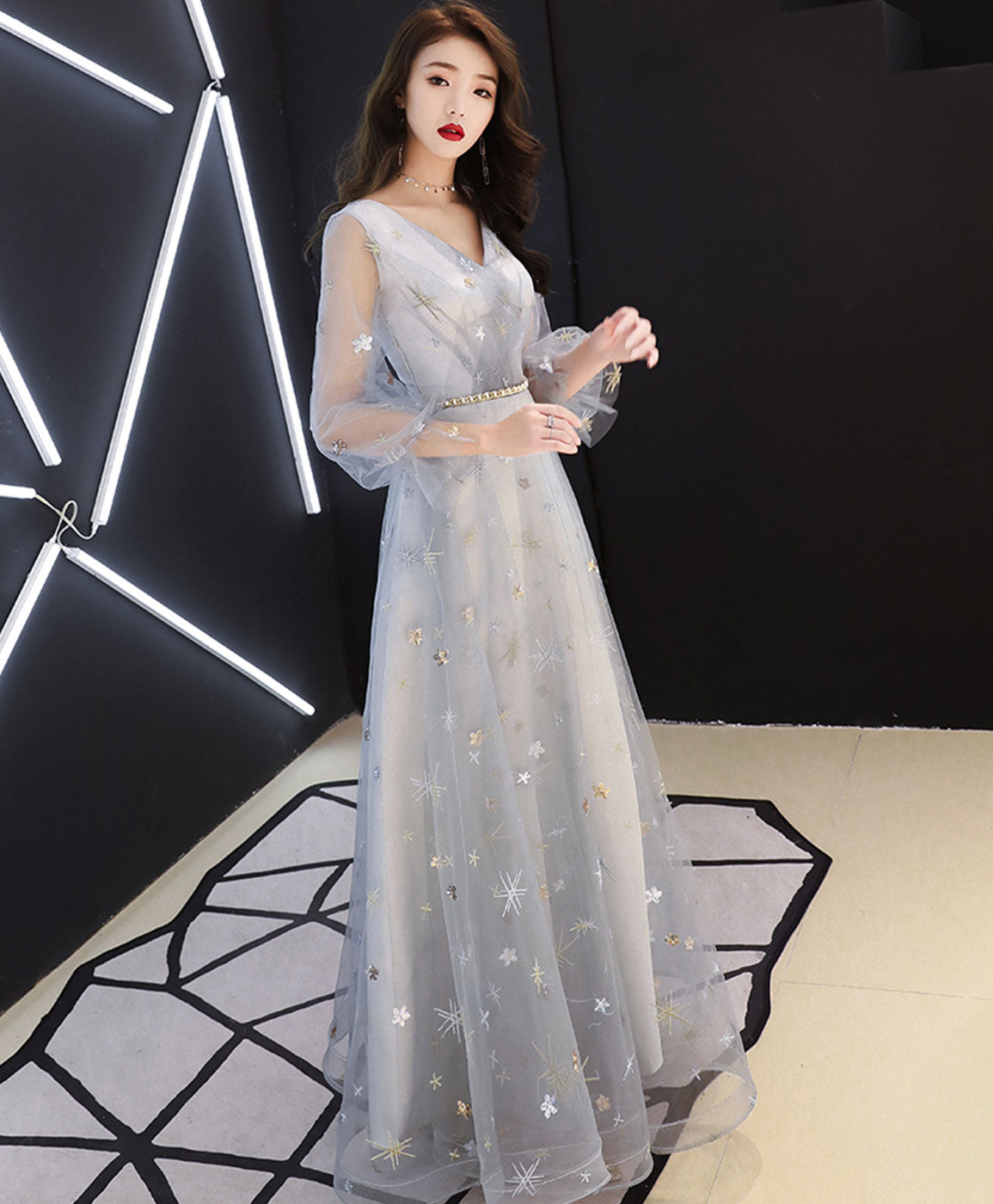 Gray V Neck Tulle Lace Long Prom Dress, Gray Tulle Evening Dress