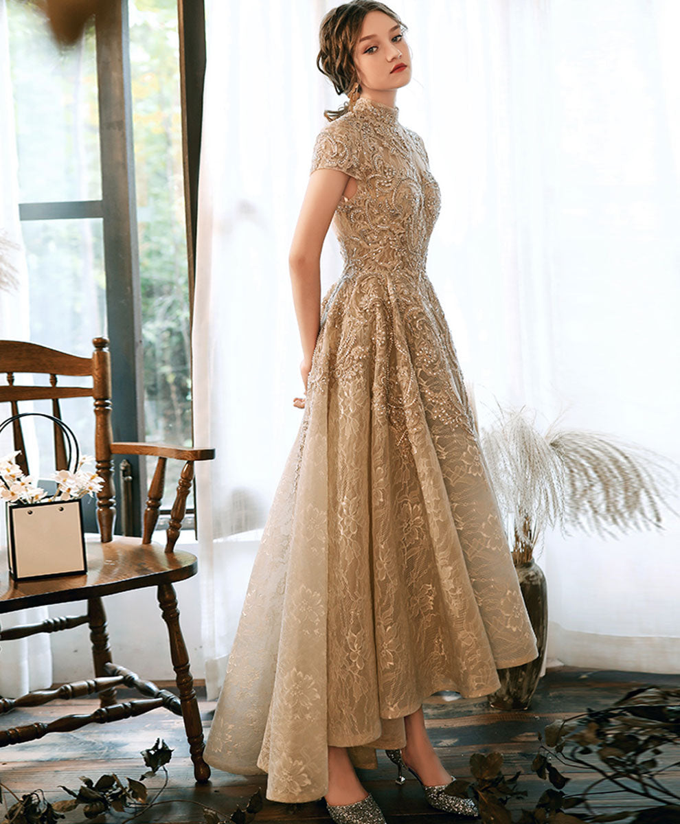 Champagne High Neck Lace Prom Dress, Champagne Lace Formal Dress