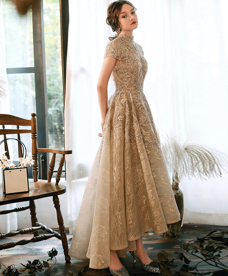 Champagne High Neck Lace Prom Dress, Champagne Lace Formal Dress shopluu Champagne High Neck Lace Prom Dress, Champagne Lace Formal Dress shopluu