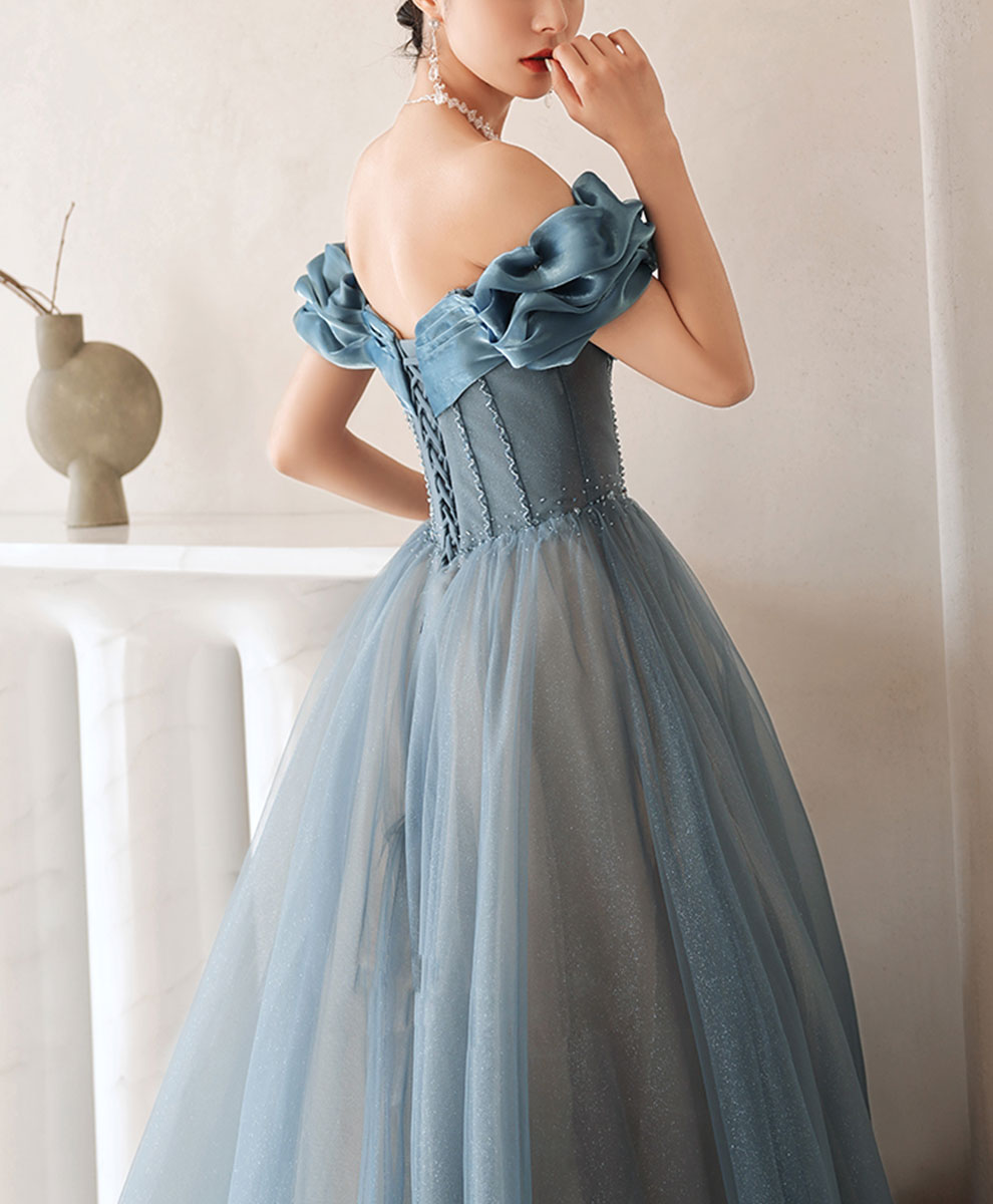 Blue Sweetheart Off Shoulder Tulle Long Prom Dress Blue Formal Dress