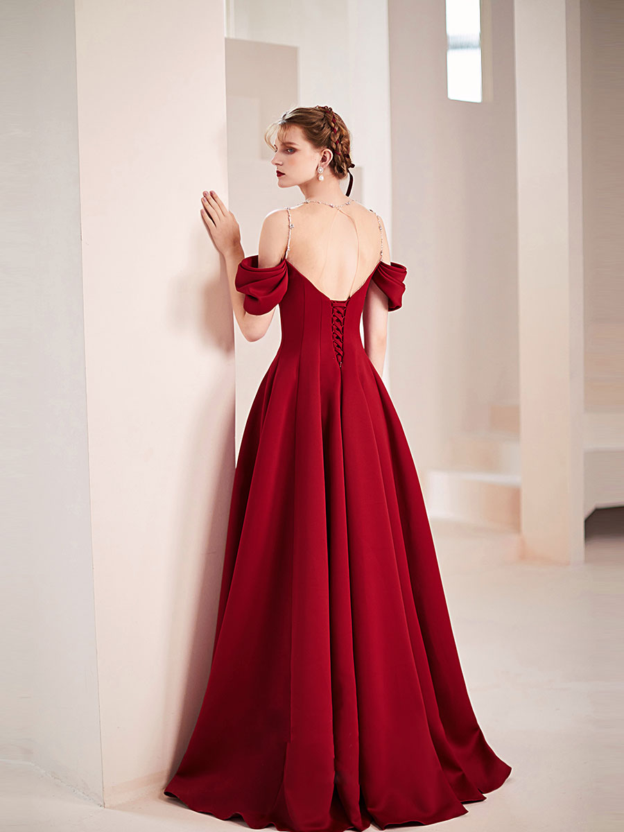Simple Burgundy Round Neck Satin Long Prom Dress, Burgundy Formal Graduation Dresses