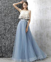 Gray Blue Two Pieces Tulle Long Prom Dress, Gray Blue Evening Dress