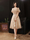Champagne V Neck Tulle Lace Short Prom Dress, Champagne Homecoming Dress