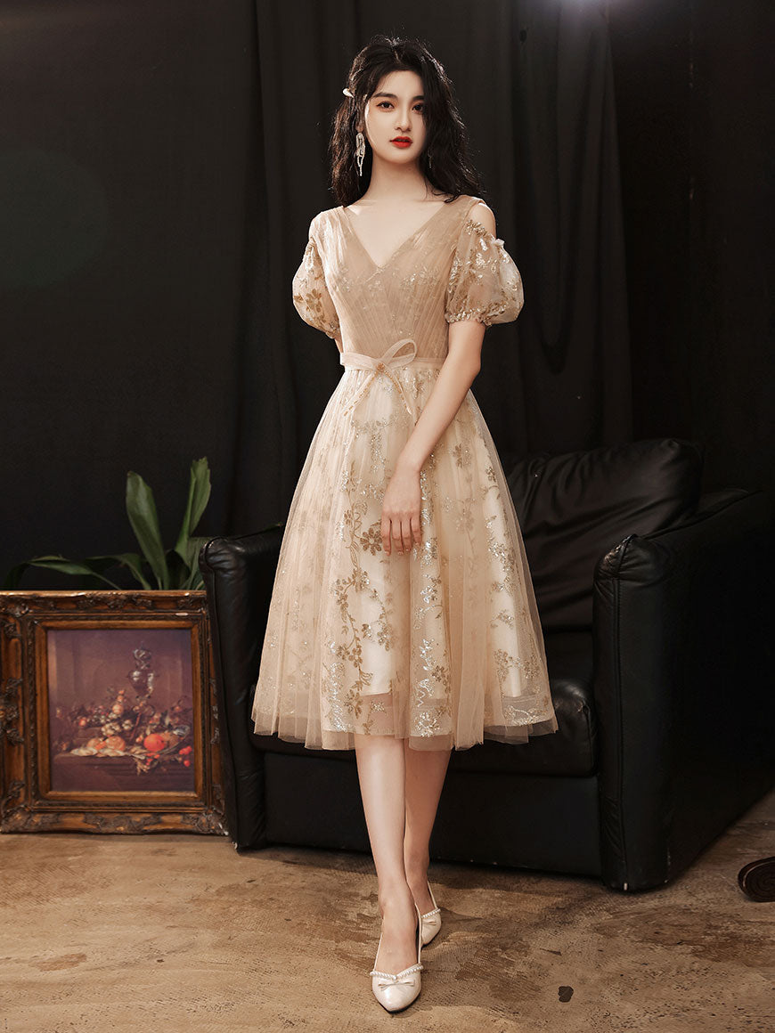 Champagne V Neck Tulle Lace Short Prom Dress, Champagne Homecoming Dress US 12 / Champagne
