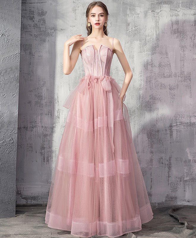 Pink Tulle Lace Long Prom Dress, Pink Evening Graduation Dress