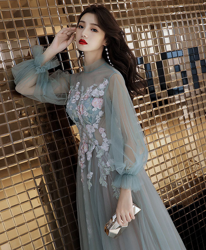 Green Tulle Lace Long Prom Dress, Green Tulle Evening Dress