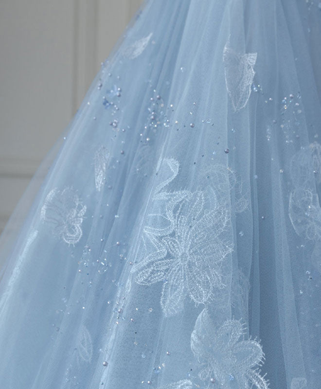 Blue Tulle Short Prom Dress, Blue Homecoming Dress with Lace Beading