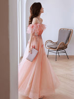 Pink Off Shoulder Tulle Long Prom Dress, Pink Tulle Formal Dress