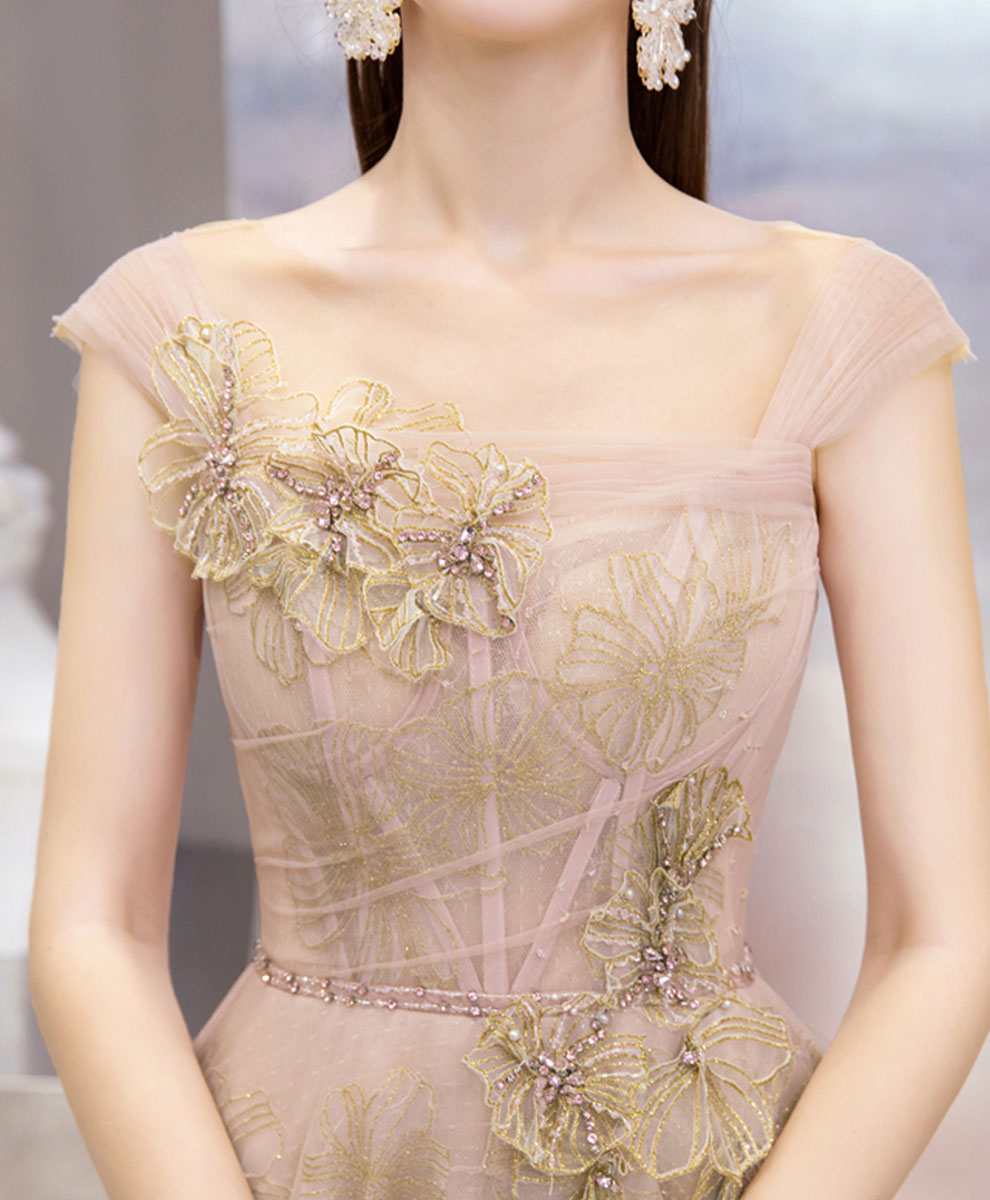 Pink Tulle Lace Long Prom Dress Pink Tulle Formal Dress