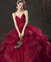 Burgundy V Neck Tulle Long Prom Dress, Burgundy Sweetheart 16 Dress