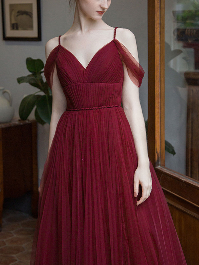 Simple Burgundy V Neck Tulle Long Prom Dress, Burgundy Bridesmaid Dres – shopluu