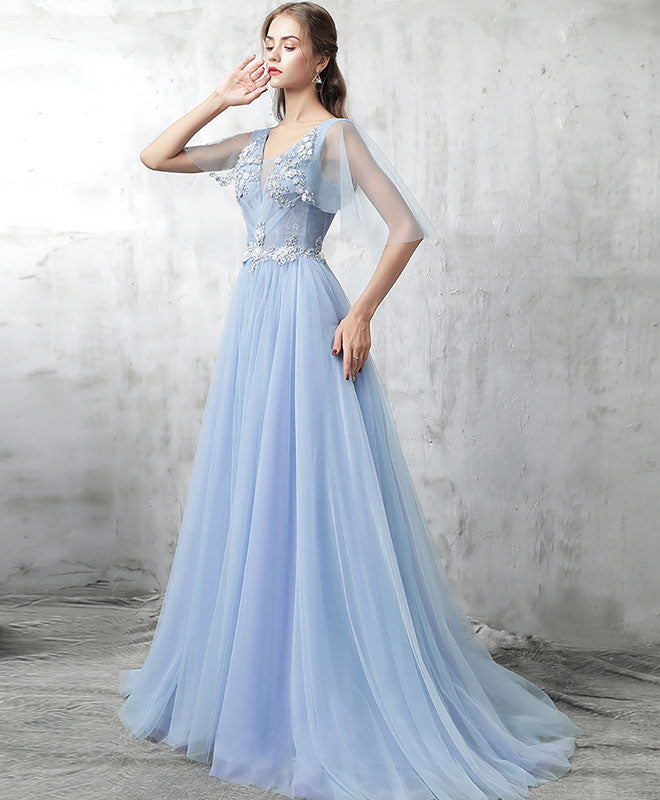 Blue V Neck Tulle Lace Applique Long Prom Dress, Blue Evening Dress