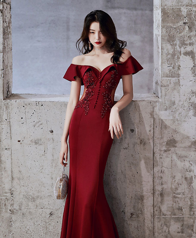 Burgundy Off Shoulder Mermaid Long Prom Dress Burgundy Evening Dress