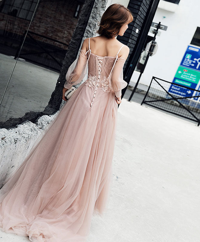 Champagne Tulle Lace Long Prom Dress, Champagne Evening Dress