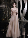 Champagne V Neck Tulle Beads Long Prom Dress, Champagne Evening Dress