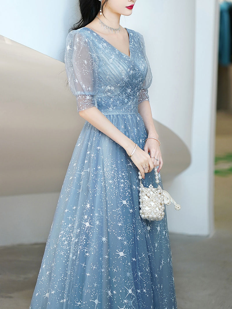 Simple V Neck Tulle Star Blue Long Prom Dress, Blue Formal Bridesmaid Dresses