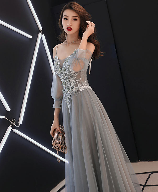 Gray Sweetheart A-Line Tulle Lace Long Prom Dress, Gray Evening Dress Custom Size / Gray
