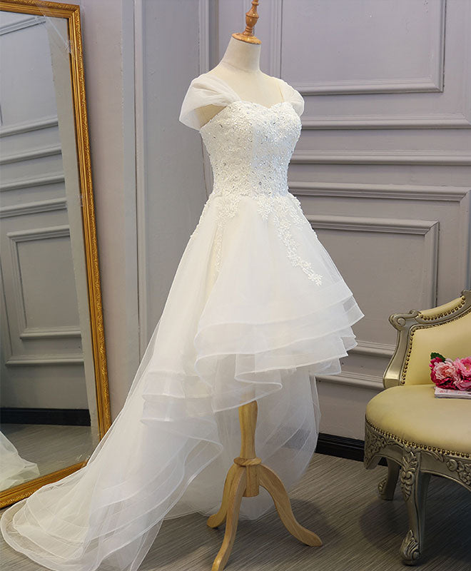 White Lace Tulle High Low Long Wedding Dress, Bridal Dress – shopluu