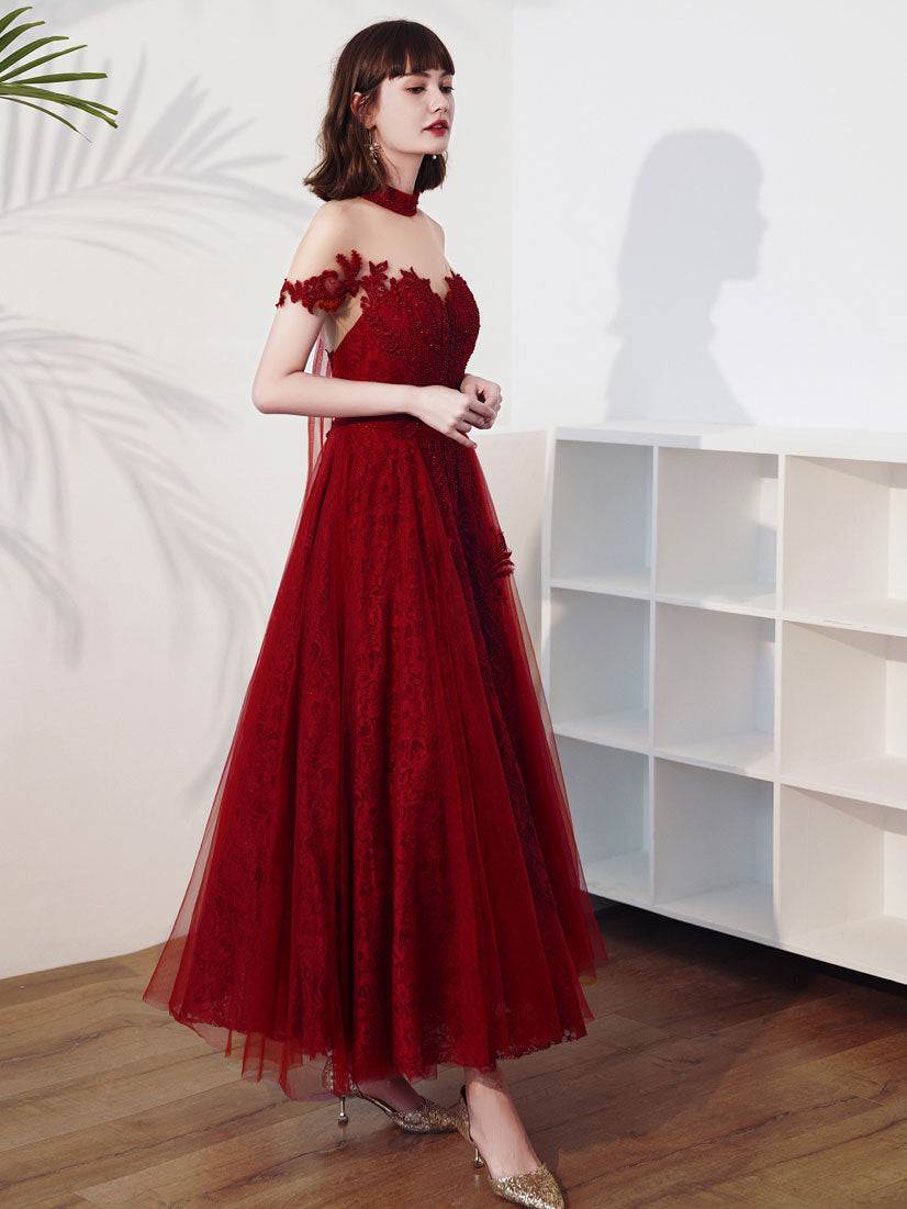 Burgundy Tulle Lace Tea Length Prom Dress, Burgundy Evening Dress
